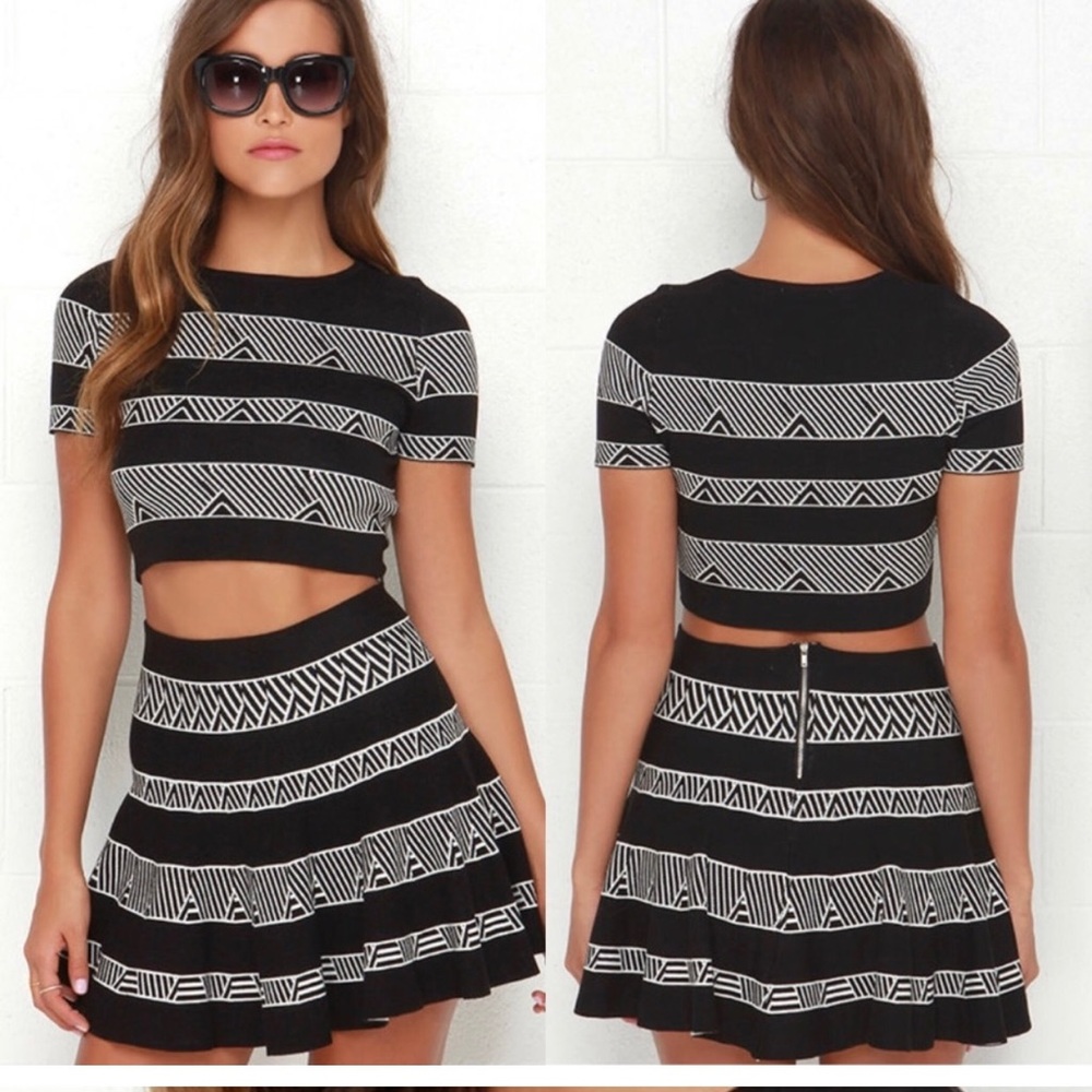 Lulu’s Rehab ivory and black print 2 piece skirt top set outfit size Small